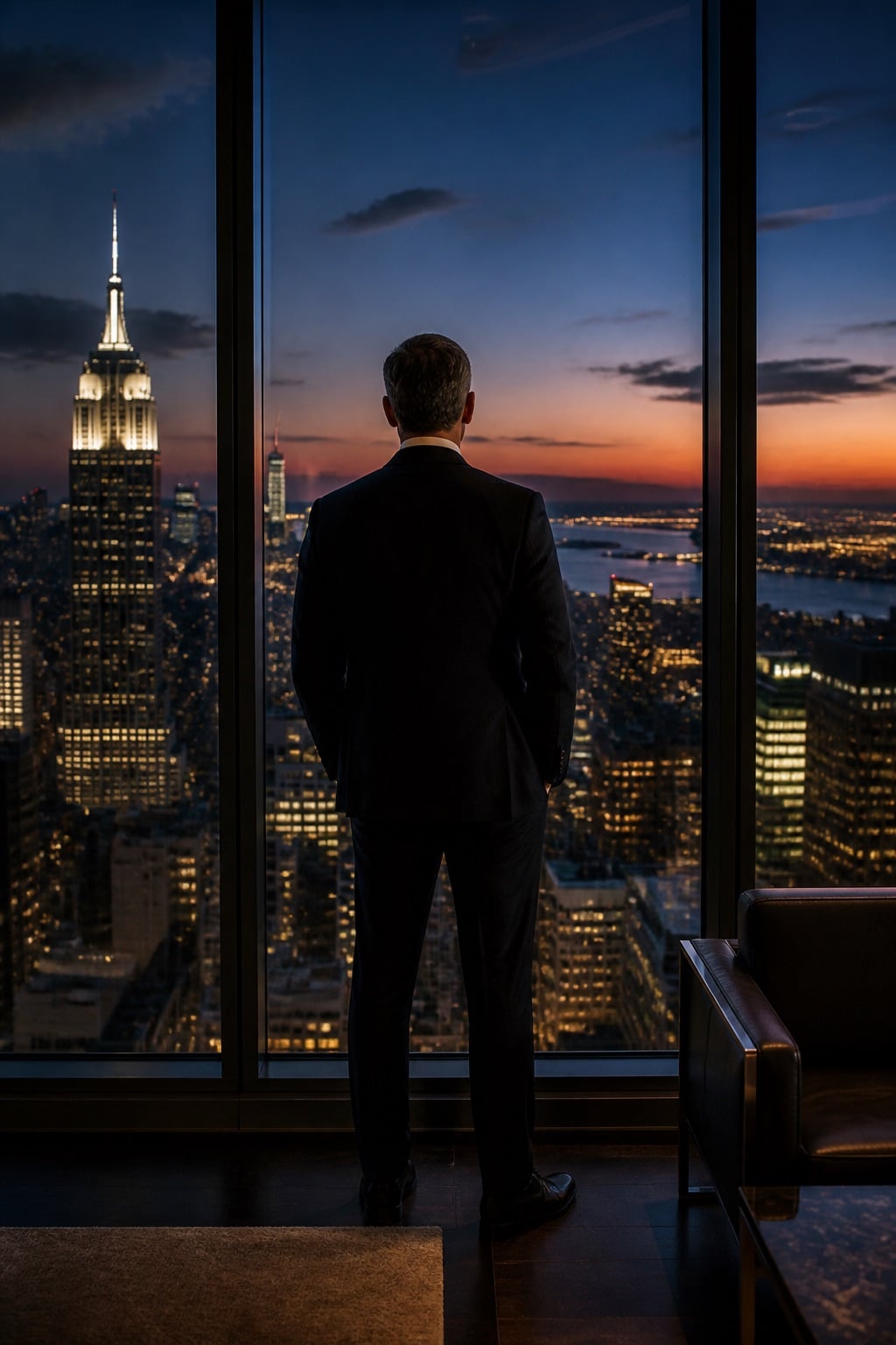Executive looking out over a city skyline at dusk — quiet preparation before the next decision.